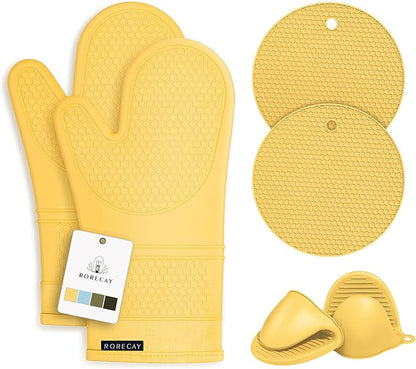 Rorecay Oven Mitts and Pot Holders Sets 6pcs, Extra Long Kitchen Silicone Oven Gloves Heat Resistant 500 Degrees Non-Slip Potholders Hot Pads for Baking Cooking, Quilted Liner, Samoan Sun