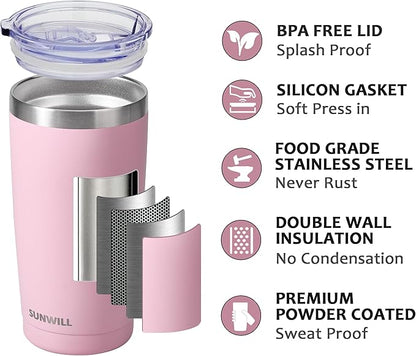 SUNWILL Travel Coffee Tumbler 20 oz, Insulated Mug with Lid, Stainless Steel Cup for Hot and Cold Drinks, Powder Coated Sakura
