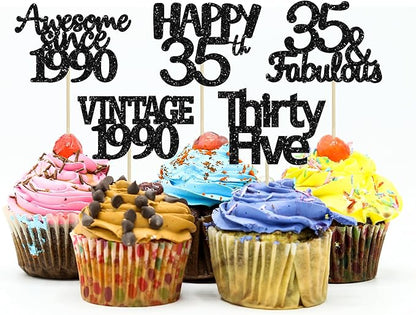 Gyufise 30 Pack Vintage 1989 Cupcake Toppers Black Glitter Thirty Five Happy 35 Cake Decorations Cheers to 35 Years Birthday Cupcake Picks 35th Birthday Anniversary Cake Decorations