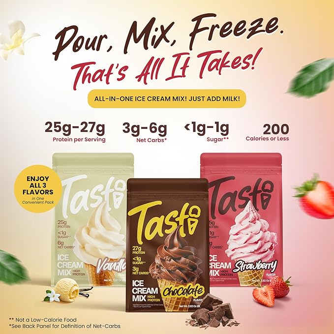 TASTI High-Protein Ice Cream Mix - Chocolate, Vanilla, & Strawberry Low Sugar Ice Cream Powder - Made for Ninja Creami, Soft Serve Mix with <200 Calories (6-Pack, 2 of Each Flavor)