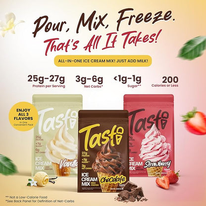 TASTI High-Protein Ice Cream Mix - Chocolate, Vanilla, & Strawberry Low Sugar Ice Cream Powder - Made for Ninja Creami, Soft Serve Mix with <200 Calories (6-Pack, 2 of Each Flavor)