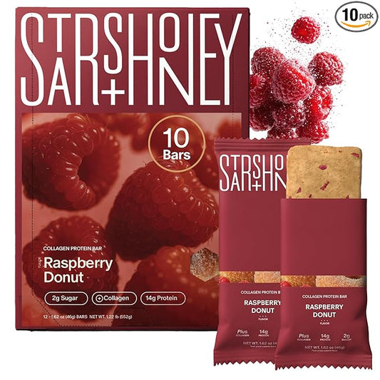 Stars + Honey Protein Bars- The Raspberry Donut,14g Protein, 2g Sugar, w/Collagen Keto Friendly Snack - Gluten, Dairy, & Soy Free - High-Protein Snacks for Energy & Recovery-10 pack