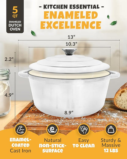 Dutch Oven for Bread Baking - incl. Sourdough Bread-Baking Supplies like Banneton Bread-Proofing Basket - 5QT Enameled Cast Iron Bread-Oven with Lid, Baking Pan, Scoring Tool Lame
