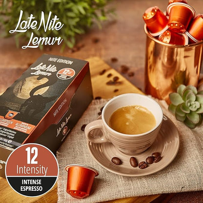 Late Nite Lemur 120ct for Nespresso Original Machine Compatible Pods I Intensity 12 I Aluminum Coffee Capsules I Like Palermo Kazaar Espresso I 100% Arabica Beans with High Intensity