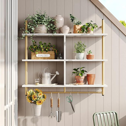 Bestier Kitchen Shelves Wall Mounted Floating Pipe Shelving 3 Tier 41.5" Coffee Bar Shelf with Holder Wall Display Storage Rack Kitchen Organization and Home Decor, White Faux Marble