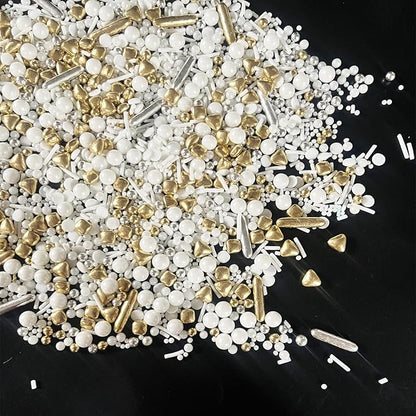 Weraru White Deluxe Gold Sprinkles Candy Mixing Size Baking Edible Cake Decorations Cupcake Toppers Cookie Decorating Celebrations Wedding Shower Party Chirstmas Supplies 130g/ 4.58oz