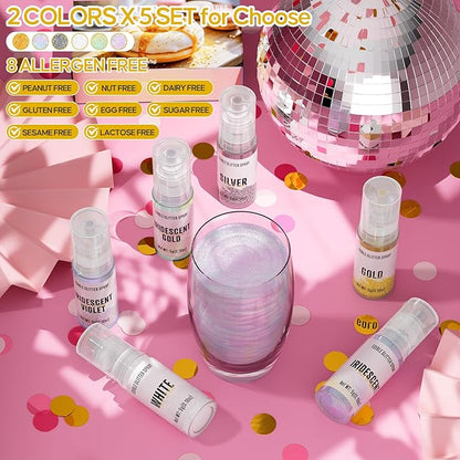 Edible Glitter Spray,Gold & Silver 2 Colors Food Grade Edible Glitter Set for Drink Cake Beverages,Cupcakes,Cake Pops and Cookies Decorating