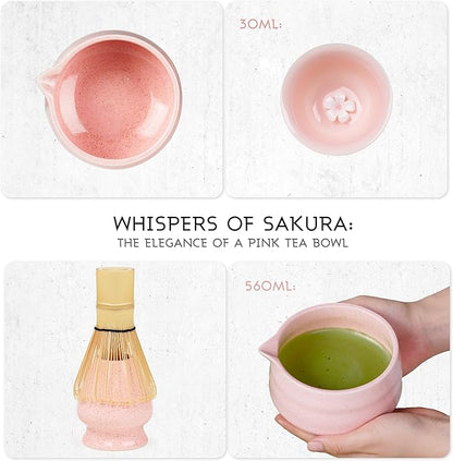 Pink Matcha Set, 8 Pcs Matcha Whisk Set with Porcelain Sakura Tea Cup, Matcha Bowl, Whisk and Holder, Bamboo Scoop, Scoop Rest, Sifter, Tea Mat - Gift for Matcha Lover