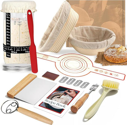 21 Pcs Sourdough Starter Kit, 10" Oval & 9" Round Banneton Bread Proofing Basket | Glass Jar, Whisk, Full Recipe Book & More, Sour Dough Starter Kit, Sourdough Bread Baking Supplies For Beginners