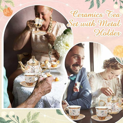 Zhehao 20 Pcs Porcelain Tea Set with Metal Holder and Spoon Adult Ceramic Tea Party Set European Flower Painting Teapot Cup Saucer Spoon Set for Women, Large Version(Delicate Style)