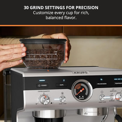 KRUPS Precision Espresso Coffee Machine with Grinder, Latte & Cappuccino Maker, Pump Pressure + Milk Frother Steam Wand, Adjustable Grind Settings for Barista-Quality Results, Stainless Steel & Black