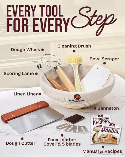 Superbaking Banneton Bread Proofing Basket, Sourdough Bread Baking Supplies, Round 9 Inch Sourdough Starter Kit, Proofing Basket for Baking, Bread Making Supplies Tools, Banneton Basket Gift Set