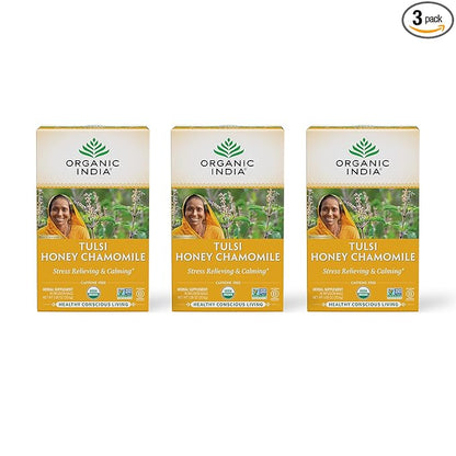 ORGANIC INDIA Tulsi Honey Chamomile Tea Bags - Herbal Tea for Stress Relieving & Calming, USDA Certified Organic, Caffeine Free - 18 Tea Bags, 3 Pack