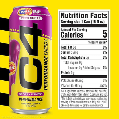Cellucor C4 Energy Drink x Grape Popsicle, Carbonated Sugar Free Pre Workout Performance Drink with no Artificial Colors or Dyes, 16 Oz, Pack of 24