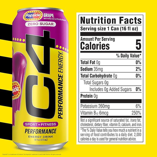 Cellucor C4 Energy Drink x Grape Popsicle, Carbonated Sugar Free Pre Workout Performance Drink with no Artificial Colors or Dyes, 16 Oz, Pack of 24