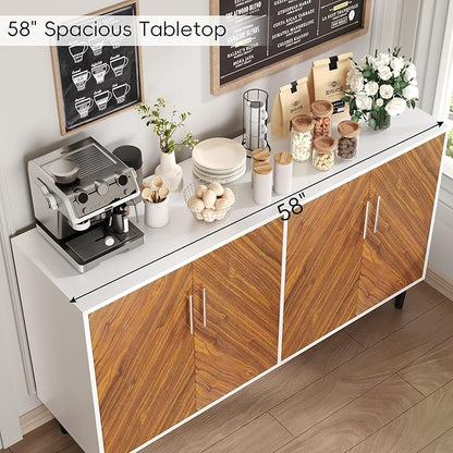 4 EVER WINNER Coffee Bar Cabinet with 4 Doors, Sideboard Buffet Cabinet with Storage, Walnut Buffet Cabinet with Storage with Adjustable Shelves for Kitchen,Living Room,White