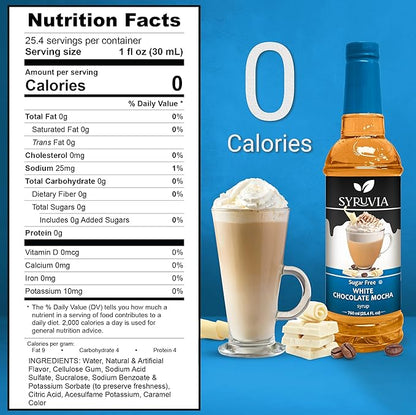 Syruvia Sugar Free Coffee Syrup, White Chocolate Mocha Flavored Syrup for Drinks, Lattes, and Desserts – 25.4 fl oz, With Pump