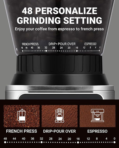 AMZCHEF Coffee Grinder, Burr Coffee Bean Grinder for Home Use with 48 Precise Grind Settings, Detachable Funnel Stand for Espresso, LED Control Panel, Anti-static Design, silver