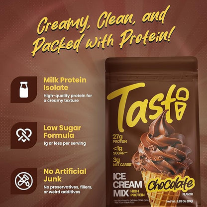 TASTI High-Protein Ice Cream Mix - Chocolate Flavor Low Sugar Ice Cream Powder - Made for Ninja Creami, Soft Serve Mix with 27g Protein, <1g Sugar, 3g Net Carbs