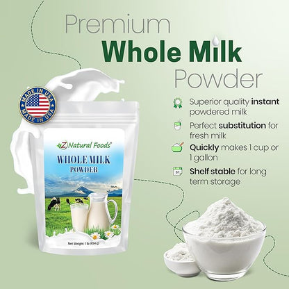 Z Natural Foods Premium Whole Milk Powder - Powdered Milk for Baking, Cooking, Drinks - Dry Milk Powder, Pasteurized, Non-GMO, Gluten-Free, Kosher-Certified, 1 lb