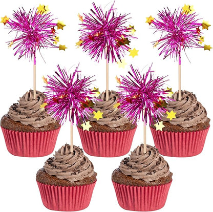 30 PCS Foil Firework Cupcake Toppers Happy Birthday Star Cupcake Picks Sparkle Tinsel Drink Stirrers Cocktail Fruit Toothpicks for Valentine's Day Wedding Birthday Party Decorations Supplies Purple