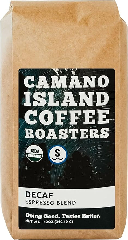 Camano Island Coffee Roasters Decaf Espresso Blend, Ground 12oz, Fresh Dark Roast Swiss Water Processed, USDA Organic, Fairly Traded, Shade Grown Top 1% Arabica, Sweet Molasses, Mixed Berry Flavor