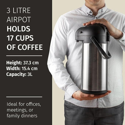 Cresimo Coffee Carafe with Pump - 102oz / 3L Airpot 12 Hours Large Hot Water Carafe, Cocoa Dispenser for Parties - Tea Flask, Insulated Stainless Steel Air Pots for Hot Beverage Dispenser -Coffee Pump