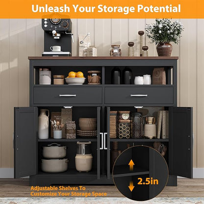 Buffet Sideboard with Storage Farmhouse with 4 Doors, 47'' Large Kitchen Storage Cabinet Wood Coffee Bar Cabinet Buffet Table with Shelves for Kitchen, Dining Room, Entryway