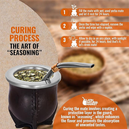Authentic Artisan Yerba Mate Gift Set – Handmade 5.5" Natural Calabash Gourd with Leather Cover + Stainless Steel Bombilla – Traditional Argentine Kit (Gift Ready)