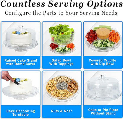 7 in 1 Multifunctional Acrylic Cake Stand with Lid & Cake Turntable for Decorating (12") - Turntable Decorating Kit Serving Salad Bowl/Veggie Platter/Punch Bowl/Desert Platter/Chips & Dip - BPA Free