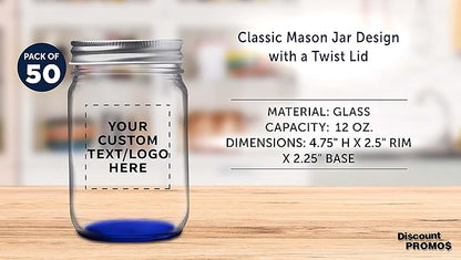 DISCOUNT PROMOS 50 Decorating Mason Jars Set, 12 oz. - Customizable Text, Logo - Canning, Aluminum Lid - Blue