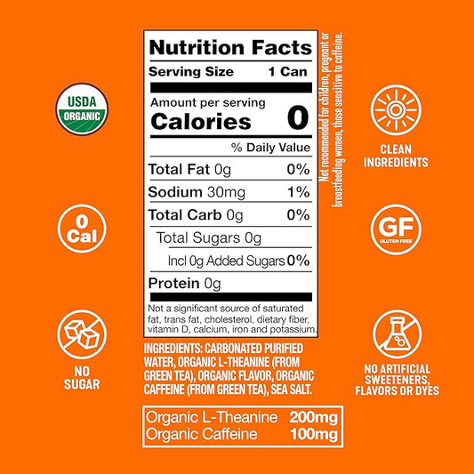 ARDOR ENERGY Sparkling Water with 100mg Natural Caffeine & 200mg L-Theanine from Organic Green Tea for Smooth Energy & Focus | Healthy Energy Drink | No Sugar, Zero Calories, Vegan, Gluten-Free | Tropical Mango (Pack of 12, 12oz cans)