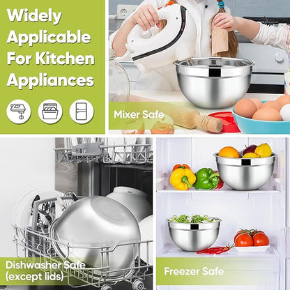 TeamFar Mixing Bowls, 4.5/3/1.5/1/0.7 QT, Stainless Steel Metal Nesting Salad Bowl with Lid Set of 5, Ideal for Prepping Serving, Healthy & Sturdy, Airtight Lid & Easy Clean, Multi-Color
