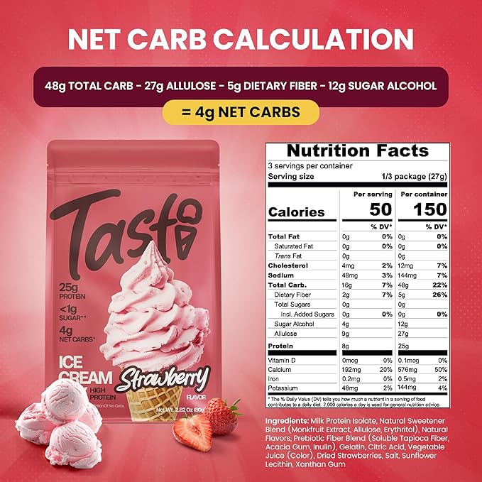 TASTI High-Protein Ice Cream Mix - Strawberry Flavor Low Sugar Ice Cream Powder - Made for Ninja Creami, Soft Serve Mix with 25g Protein, <1g Sugar, 4g Net Carbs