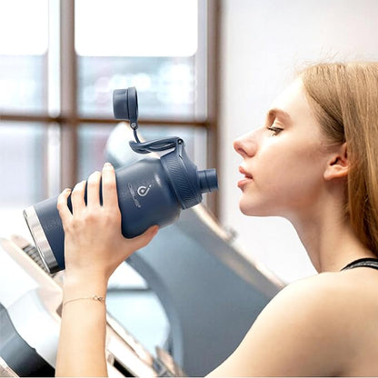 IDEUS Insulated Stainless Steel Water Bottle with 2 Leak-Proof Lids, Thermal Water Flask for Hiking Biking, 32oz, Navy Blue