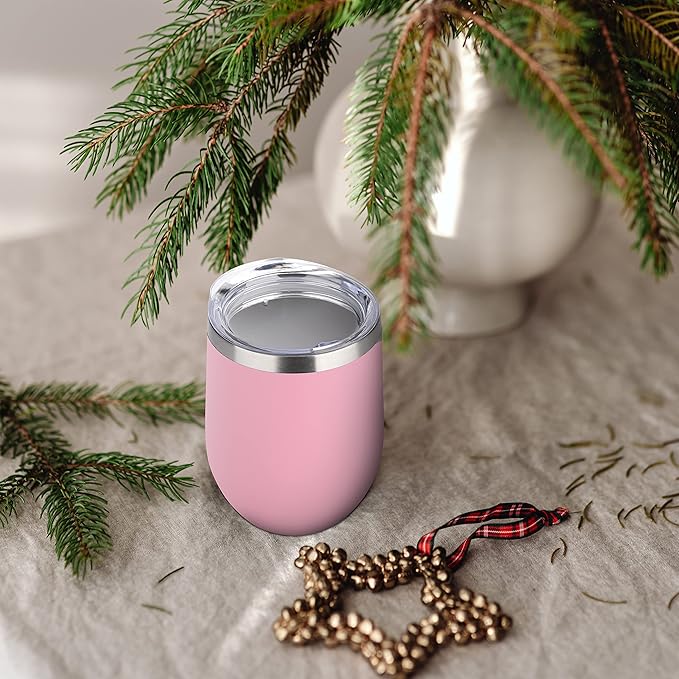 DOMICARE Stainless Steel Wine Tumbler Bulk with Lid, Personalized Insulated Tumblers Set, 12oz Travel Coffee Cups Pack of 4, Pink