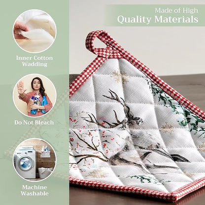 Maison d' Hermine Pot Holders Set 100% Cotton Heat Resistant Potholders 8" x 8" Hot Pads with Loop BBQ, Cooking, Baking, Grilling, Kitchen, Handling Hot Pans (Pack of 2, Rural Christmas)