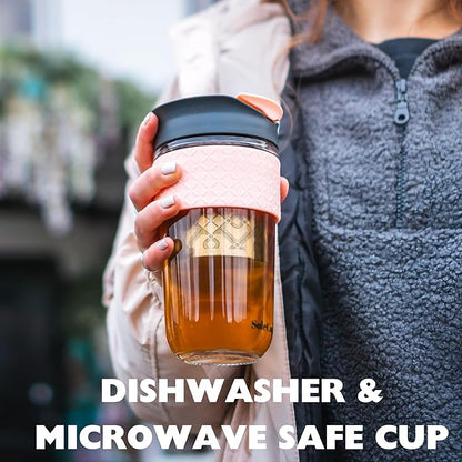 Large Travel Mug Loose Tea Infuser - Detachable Tea Strainer with Spill Proof Lid - 18oz/530ml BPA-Free Reusable Glass Travel Coffee Cup with Silicone Band (Pink) (Black)