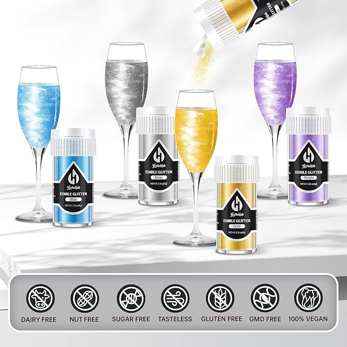 Edible Glitter for Cocktails - 12 Colors Herbeklab Luster Dust Edible Drink Glitter Food Grade Metallic Shimmer Powder Cake Sprinkles for Beverage Chocolate Candy, 5g/Bottle