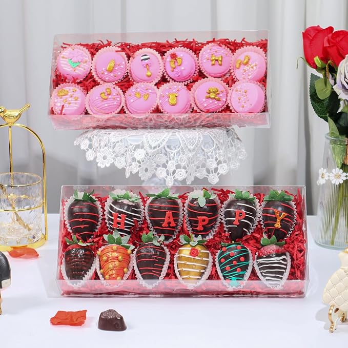 RomanticBaking 24PCS 12x5x2 Inches Clear Valentines Strawberry Boxes Cookie & Macaron Gift Boxes for Party Favors