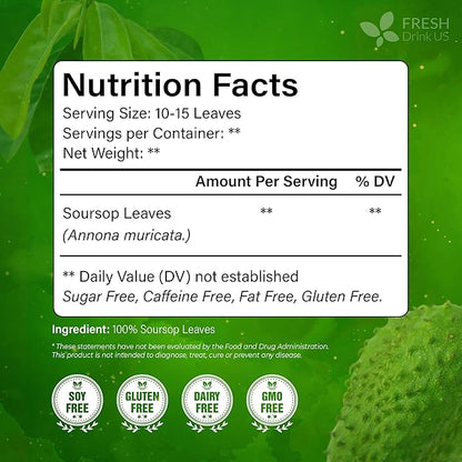 FreshDrinkUS, 120+ Premium Soursop Graviola Dried Leaves Tea, 40 Cups, 120-130 Natural Leaves, Whole Leaves, Wildcrafted, Graviola, Hoja Guanabana, Soursop Loose Leaf Herbal Tea, No Gluten, Vegan