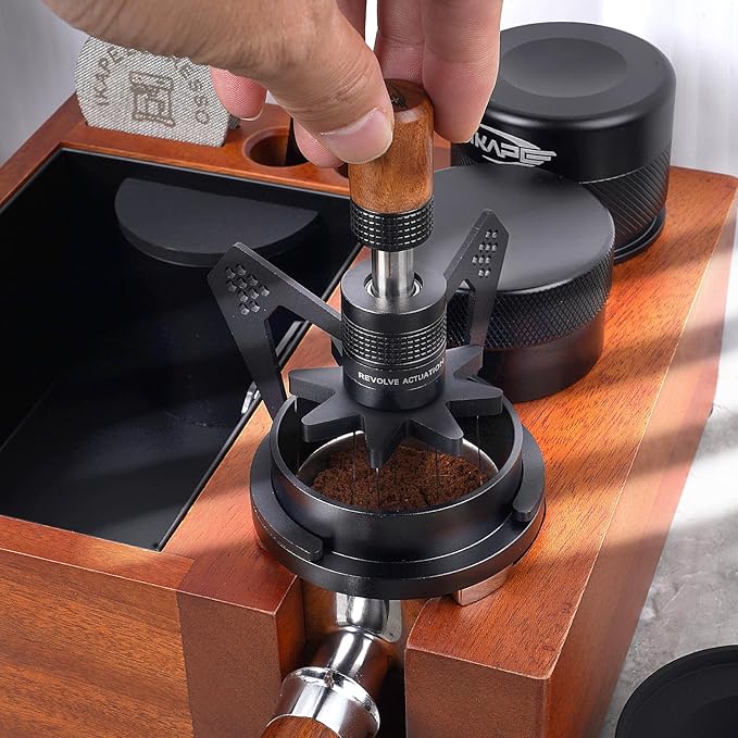 IKAPE Mantis WDT Distribution Tool, V3-54mm Espresso Stirrer Distribution Tool for Barista - 8 Needle Espresso Stirrer with Dosing Funnel & Stand, Adjustable Needle Height, Walnut Handle