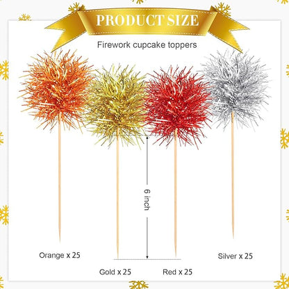 Chinco 100 Pcs Foil Firework Cupcake Toppers Sparkle Tinsel Cake Toppers Cake Decoration Cocktail Fruit Toothpick for Birthday Wedding Graduation Party (Silver, Red, Orange, Gold)