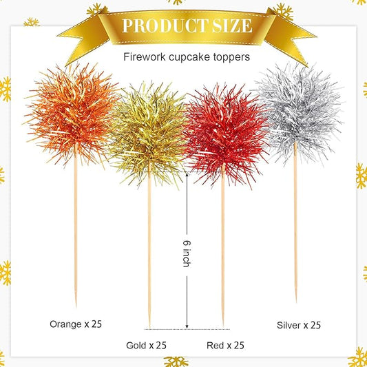 Chinco 100 Pcs Foil Firework Cupcake Toppers Sparkle Tinsel Cake Toppers Cake Decoration Cocktail Fruit Toothpick for Birthday Wedding Graduation Party (Silver, Red, Orange, Gold)