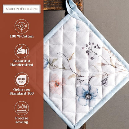 Maison d' Hermine Pot Holders Set 100% Cotton Heat Resistant Potholders 8" x 8" Hot Pads with Loop BBQ, Cooking, Baking, Grilling, Kitchen, Handling Hot Pans (Pack of 2, Ice Florals)