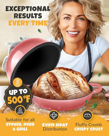 Dutch Oven Bread Baking - 5QT Enamel Bread-Oven - incl Sourdough Bread-Baking Suppliers like Dough Whisk Scoring Lame etc Bread-Dome Cast Iron Bread-Pan with Lid for Sour dough, Bread-making