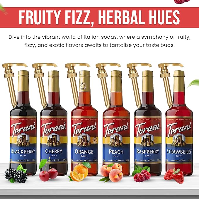Jimoco Syrup Pump & Torani Syrup Bundle - Fruit Bowl Syrup 6 Pack Summer Flavors, Raspberry, Strawberry, Blackberry, Cherry, Orange and Peach - For Italian Soda Coffee, Lattes, Frappes With 6 Pump Dispensers