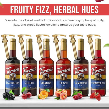 Jimoco Syrup Pump & Torani Syrup Bundle - Fruit Bowl Syrup 6 Pack Summer Flavors, Raspberry, Strawberry, Blackberry, Cherry, Orange and Peach - For Italian Soda Coffee, Lattes, Frappes With 6 Pump Dispensers