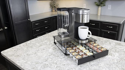 Nifty Rolling Coffee Pod Drawer – Tempered Glass, Black, Compatible with K-Cups, 36 Pod Pack Holder, Compact Under Coffee Pot Storage Drawer, Slim Home Kitchen Counter Organizer