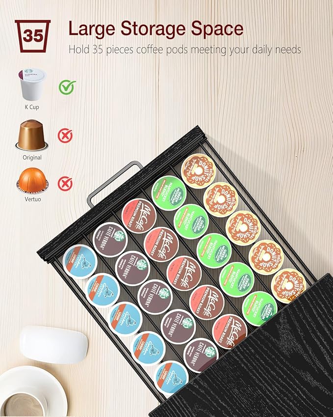 Coffee Pod Drawer for K Cup, 35 Pods K-Cup Holder Organizer with Cup Holder, Durable Coffee Maker Stand with Storage Drawer, Black